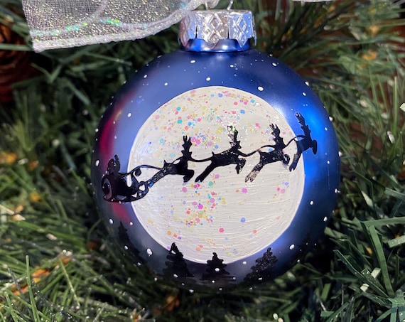 Personalized Santa with Sleigh Ornament, Santa Reindeer and Sleigh, Santa Reindeer Ornaments