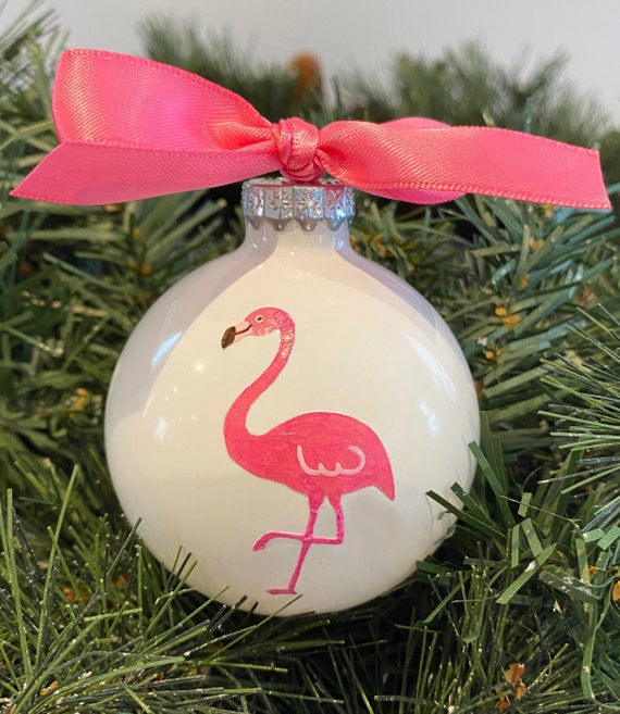 Personalized Hand Painted Pink Flamingo Christmas Ornament