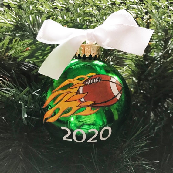 Personalized Hand Painted Green Football Ornament - Sports Ornament - Football with Flames Ornament