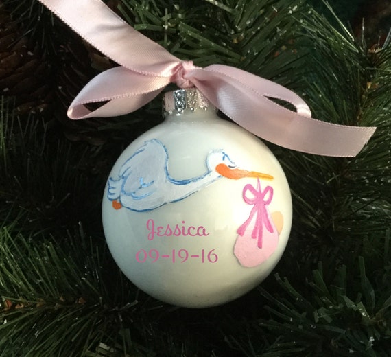 Newborn Baby Stork Ornament - Personalized - Hand Painted Glass Bauble, New Baby Gift, Baby Shower Gift