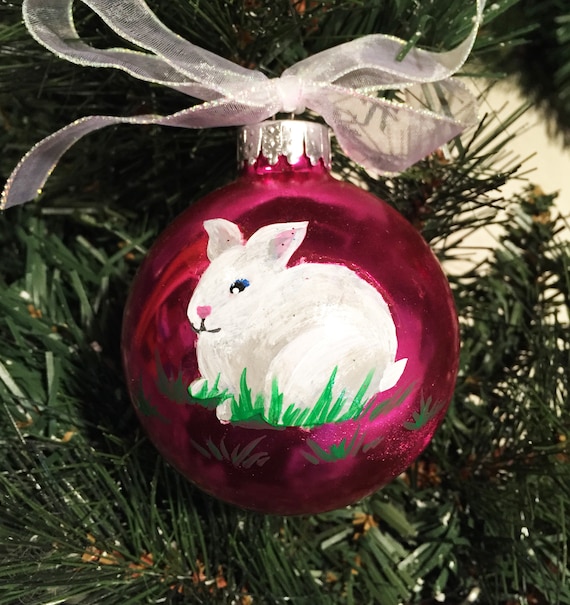 Personalized Hand Painted White Rabbit Christmas Ornament