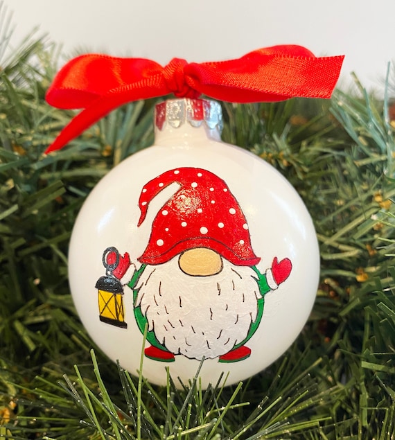 Personalized Hand Painted Christmas Gnome with Lantern Ornament