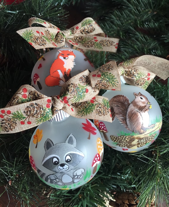Personalized Forest Animal Ornaments - Woodland Ornaments - Fox, Squirrel, and Raccoon Ornament