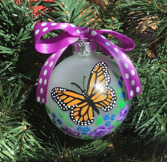 Hand Painted Personalized Butterfly Ornament - Glass Butterfly and Flowers Ornament