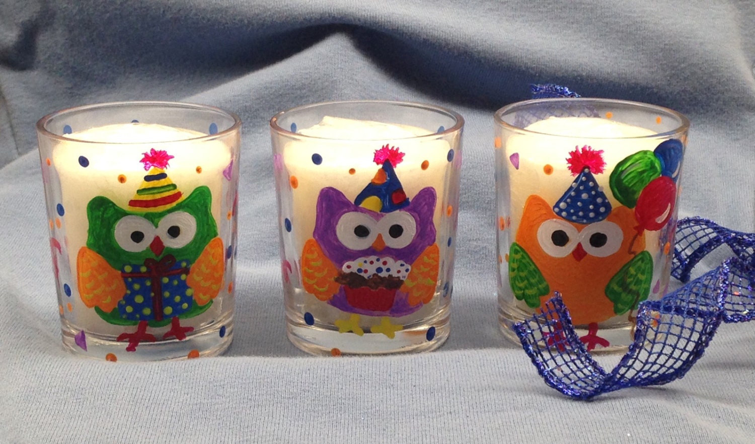 Hand Painted Votive Candle Holders Set of 3 Birthday Owl Hand Painted
