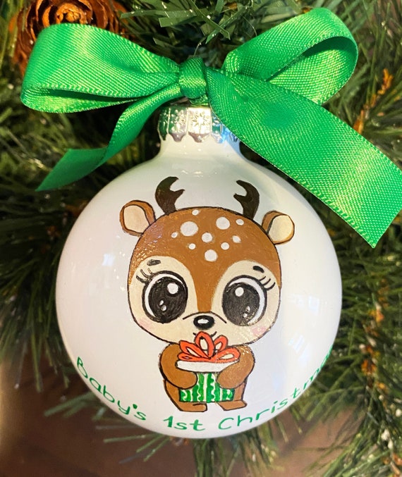 Personalized Hand Painted Baby's First Christmas Ornament, Baby Deer Christmas Ornament