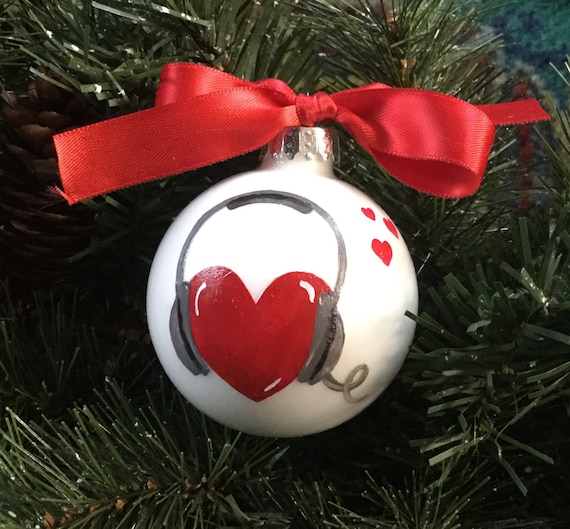 Personalized Music Ornament - Love Music Ornament - Hand Painted Glass Christmas Ball - Heart with Headphones