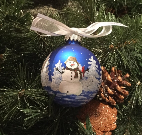 Blue Christmas Ornament with Snowman - Hand Painted Personalized Christmas Ornament