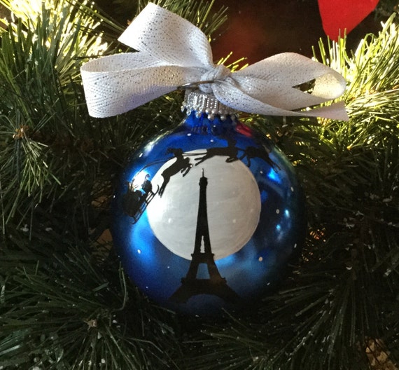 Personalized Eiffel Tower on Christmas Eve Glass Ornament
