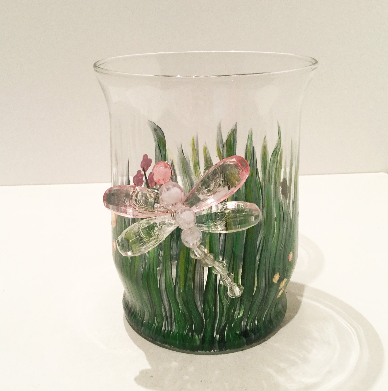 Hand Painted Dragonfly Glass Candle Holder 3Dimensional Dragonfly