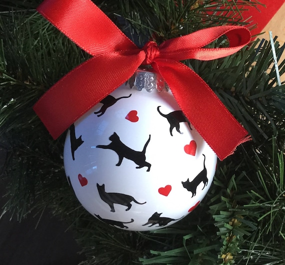 Cat Silhouettes and Hearts Christmas Ornament - Personalized Cat Ornament