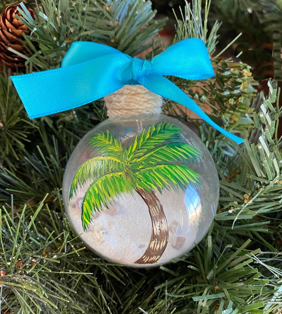 Personalized Hand Painted Palm Tree Ornament - Sand and Seashell Ornament - Summer Ornament