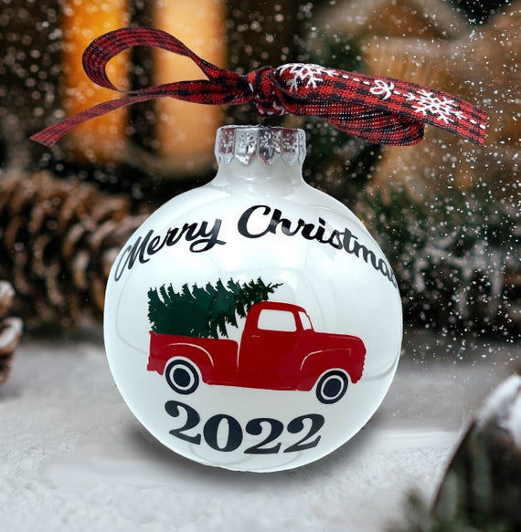 Personalized Christmas Truck Ornament, Farmhouse Red Truck Glass Ornament, Vintage Christmas Truck Ornament