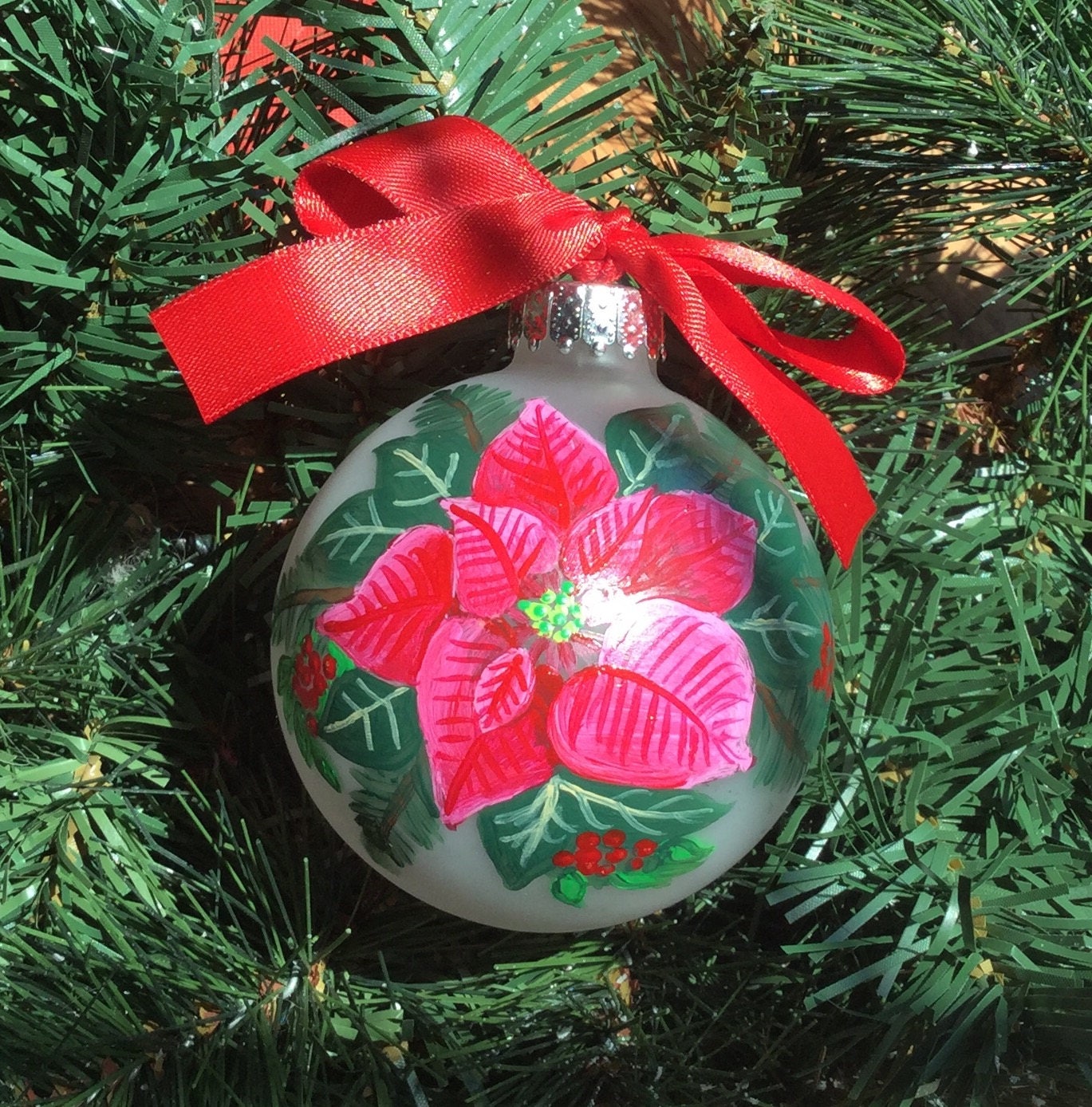 Hand Painted Poinsettia Ornament Glass Poinsettia Christmas Ornament
