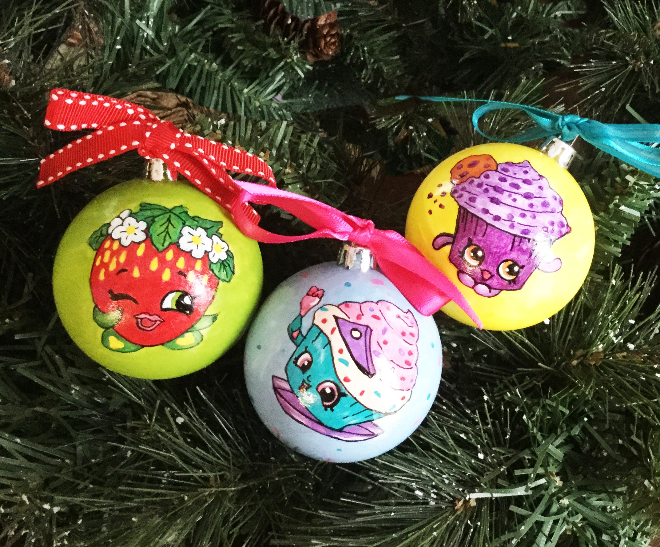 personalized set of three shopkins inspired hand painted christmas shopkins christmas ornaments