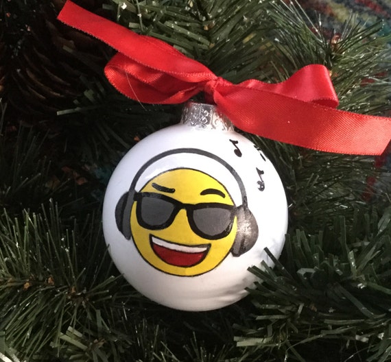 Hand Painted Music Glass Ornament -  Music Emoji with Headphones and Sunglasses