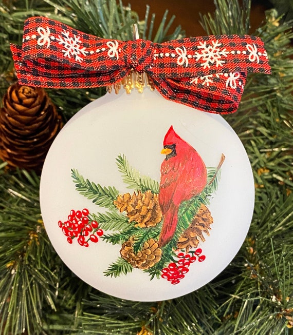 Personalized Red Cardinal Christmas Ornament, Custom Hand Painted Holiday Ornament, Personalized Christmas Gift, Glass Cardinal Bauble