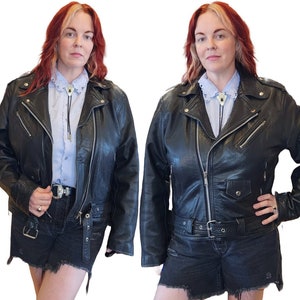 vintage 1970s Leather MOTO Biker Jacket | Black Metal Punk Rock Leather Daddy Motorcycle Jacket | genuine leather mens Large unisex