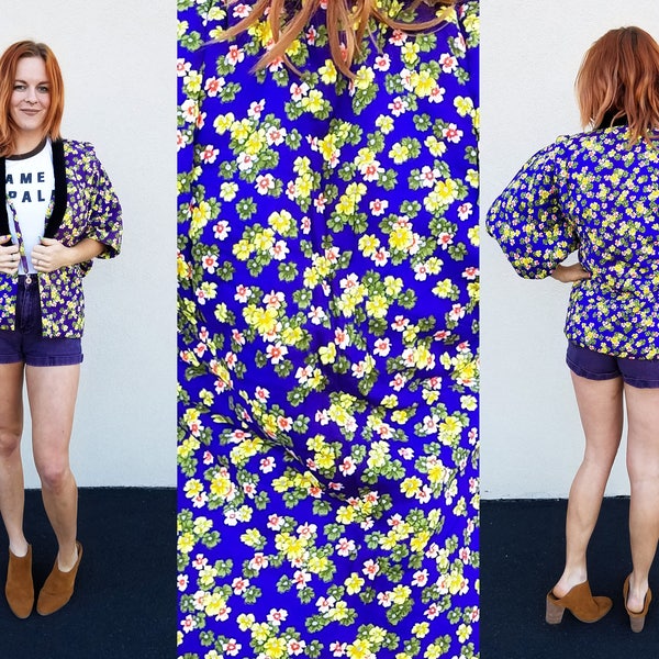 70's FLORAL Quilted KIMONO Jacket | oversize M/L vtg 60s Puffy VIOLET Neon Floral Print Short Sleeve Boxy Crop Jacket | Velvet Tuxedo Shawl