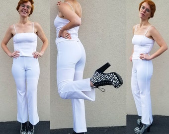 SEXY 90s Club Kid CHIC off-white Two-Piece MINIMALIST Playsuit / small vintage Rave Harijuku Spice Girls Crop Top High Waist Pants Suit Set