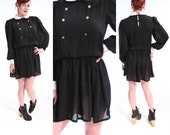 Goth 70s Wednesday Addams Dress BLACK and WHITE Drop Waist Peter Pan Collar Short SHEER Dress small Vintage 70 39 s Pleated Circle Skirt Frock