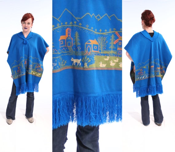 Boho 1970's NOVELTY Print Fringe Poncho Sweater C… - image 1