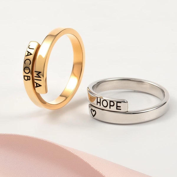 Custom Wrap Around Name Initial Date Message Engraved Women Stackable Ring Band Meaningful Anniversary Gifts For Her