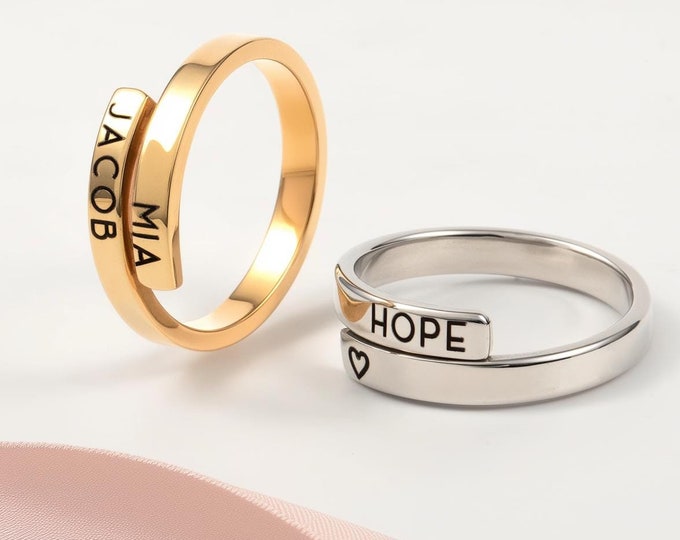 Custom Wrap Around Name Initial Date Message Engraved Women Stackable Ring Band Meaningful Anniversary Gifts For Her