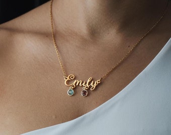 Custom Name Necklace with Birthstones, Personalized Jewelry Gift for Her, Gold Name Necklace for Birthday Anniversary or Valentines Day Gift