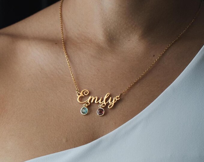 Custom Name Necklace with Birthstones, Personalized Jewelry Gift for Her, Gold Name Necklace for Birthday Anniversary or Valentines Day Gift