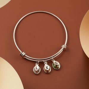May include: A silver charm bracelet with three charms. The charms are shaped like teardrops and have the letters "L", "E", and "C" on them. The charms are also decorated with small gemstones.