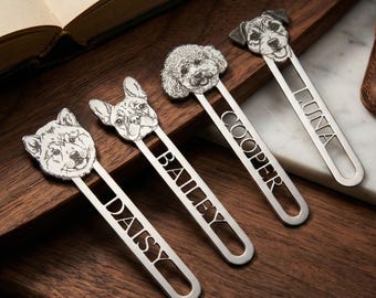 Custom Pet Portrait Metal Bookmark Pets, Personalized Dog or Cat Face Name Book Mark