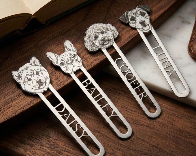 Custom Pet Portrait Metal Bookmark Pets, Personalized Dog or Cat Face Name Book Mark