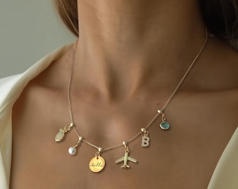 Gold Chain Charm Necklace DIY Beaded Necklace Vintage Custom Necklace for Women with Adjustable Length Birthstone Charm Jewelry