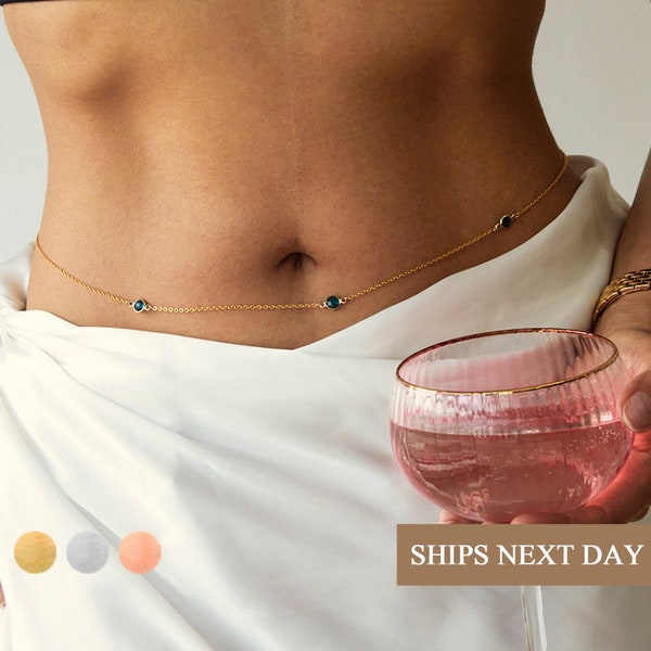 Belly Chain Custom Birthstone Body Chain Waist Personalized Minimalist Sapphire Garnet Ruby Beach Jewelry for Women Gifts for Her