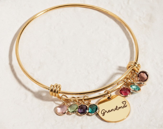 Grandma Birthstone Bangle Bracelet, Children Birthstone Gift for Mom, Personalized Birthstone Jewelry for Her, Birthday gift for Grandma