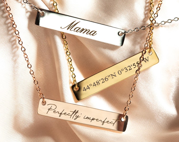 Custom Necklace Coordinates Engraved Bar Necklace Birthday Gift for Her Personalized Name Jewelry for Mom Gold Name Necklaces for Women