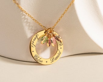 Collier avec pierres de naissance pour maman, cadeau de fête des mères pour elle, collier grand-mère avec pierres de naissance multiples, pendentif prénom cercle, cadeau d'anniversaire pour maman