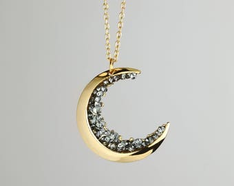 Gold Crescent Moon Necklace Black Diamond Necklace MignonandMignon Mothers Day Gift - ZCMN