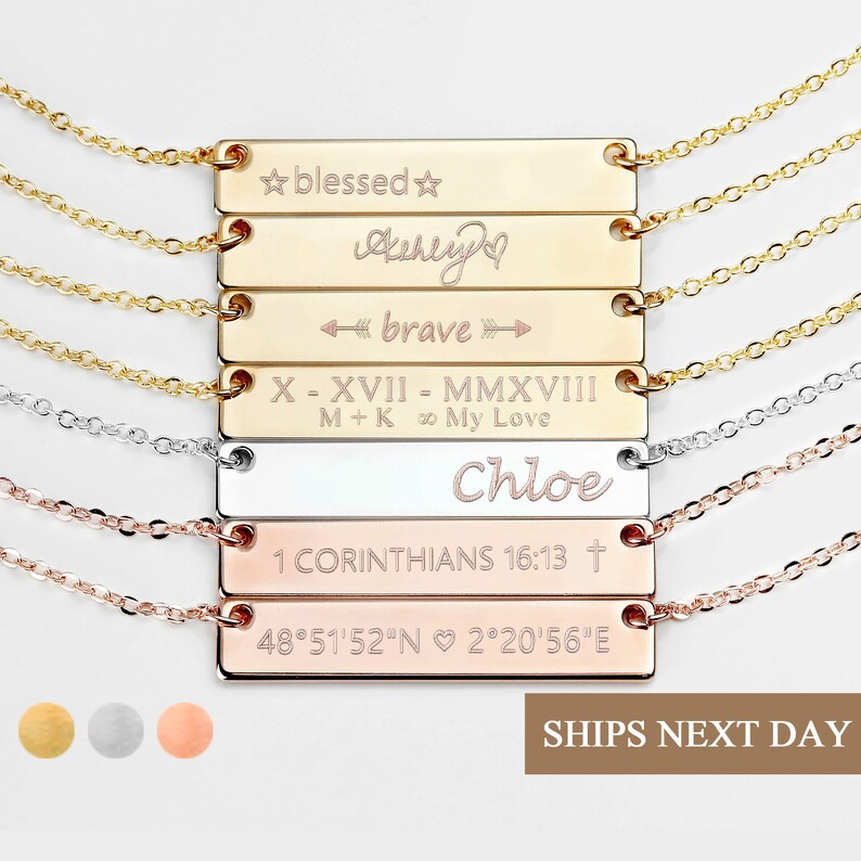 Personalized Custom Bar Necklace for Women Fathers day gift Engraved Coordinate Bar Best Friend Name Gold Necklace Summer Gift For Her -4N 