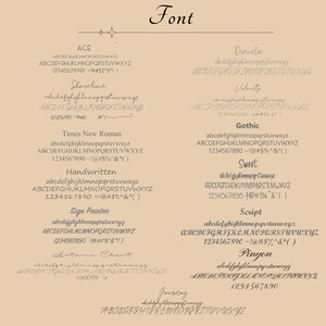 May include: A beige background with a list of different fonts in black text. The fonts are labelled with their names, such as "Ace", "Shoreline", "Times New Roman", "Handwritten", "Sign Painter", "Autumn Chant", "Daniela", "Velocity", "Gothic", "Sweet", "Script", "Pinyon", and "Journey". Each font is displayed with the alphabet and numbers.