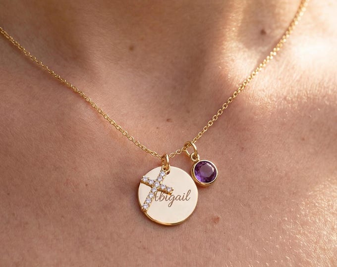 Personalized Cross Necklace for Women, Christian Necklace Gift for Mom, Handmade Name Birthstone Jewelry for her