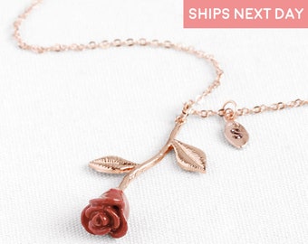 Rose Necklace With Initials Beauty And The Beast Necklace Mothers Day Gift For Women Autumn Gift Gift For Her Flower Jewelry - 3MRN-L