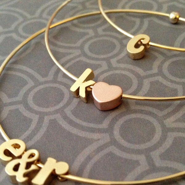 Delicate Gold Initial Charm with Gold Bangle, Dainty Initial Charm Bangle, Dainty Charm, Personalized Gift, Bridesmaid Gift, Holiday Gift