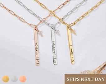 Christian Necklace for Women Religious Gifts Personalized Bible Verse Necklace Gold Cubic Cross Necklace Customized Engraved -P-13N-BC