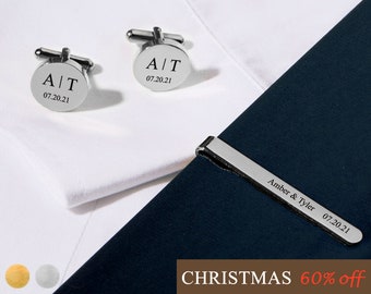 Custom Cufflinks and Tie Clip Set Personalized Gift for Him Men Cuff Link for Groom Fathers of the Bride Christmas Engraved Gift -CFL-TC-S