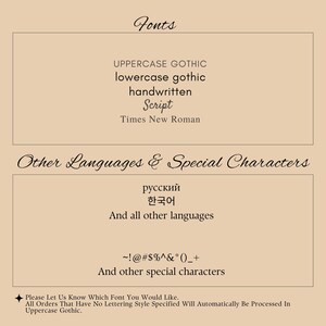 May include: A list of fonts and special characters available for use. The fonts include uppercase gothic, lowercase gothic, handwritten script, and Times New Roman. The special characters include Russian, Korean, and other languages.  The list also includes punctuation marks and symbols.