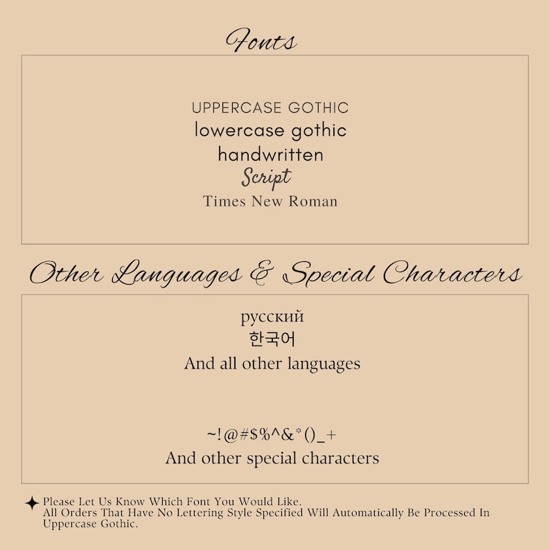 May include: A list of fonts and special characters available for use. The fonts include uppercase gothic, lowercase gothic, handwritten script, and Times New Roman. The special characters include Russian, Korean, and other languages.  The list also includes punctuation marks and symbols.
