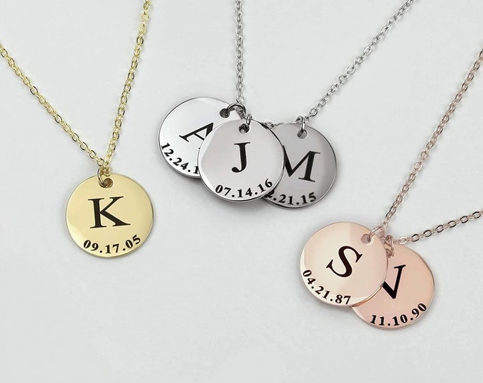 Personalized Initial and Birthdate Engraved Necklace for Women Name Necklace Gifts for Mom Custom Name Charm Best Friends Mother's Day Gift