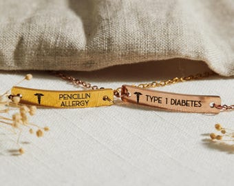 Medical Alert Bracelet  • Medical ID Tag Jewelry • Woman Man Kids Child • Autism Allergy Type 1 Diabetes Sign • Custom Engraved Bar